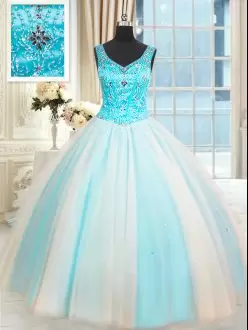 Tulle Sleeveless Lace Up Beading 15 Quinceanera Dress in White and Blue