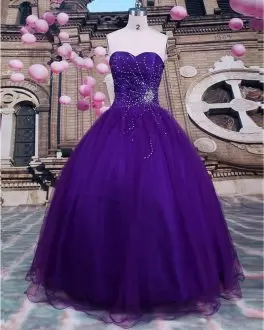 Designer Beading Sweet 16 Dresses Purple Lace Up Sleeveless Floor Length