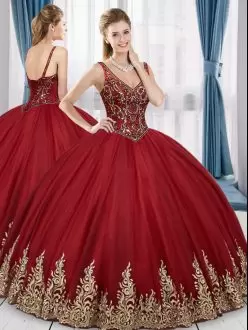 Wine Red Ball Gowns Beading and Embroidery Sweet 16 Dress Lace Up Tulle Sleeveless Floor Length