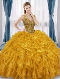 Dynamic Gold Sleeveless Beading and Ruffles Floor Length 15 Quinceanera Dress