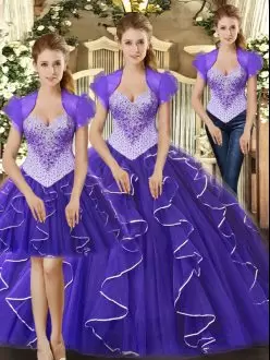 Affordable Purple Sleeveless Tulle Lace Up Sweet 16 Dress for Military Ball and Sweet 16 and Quinceanera