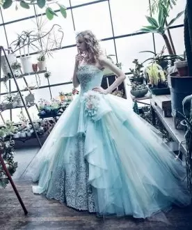 Tulle Lace and Appliques Quinceanera Dress with Hand Made Flowers On Waist
