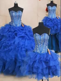 Superior Royal Blue Ball Gowns Sweetheart Sleeveless Organza Floor Length Lace Up Beading and Ruffles Quince Ball Gowns