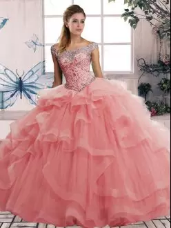 Pretty Sleeveless Tulle Floor Length Lace Up Quinceanera Dresses in Watermelon Red with Beading and Ruffles
