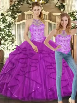 Eye-catching Floor Length Lace Up 15th Birthday Dress Purple for Sweet 16 and Quinceanera with Beading and Ruffles