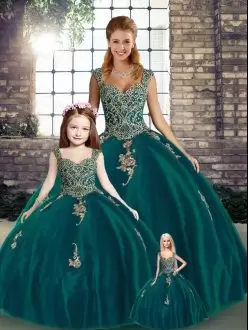 Customized Ball Gowns 15th Birthday Dress Peacock Green Straps Tulle Sleeveless Floor Length Lace Up
