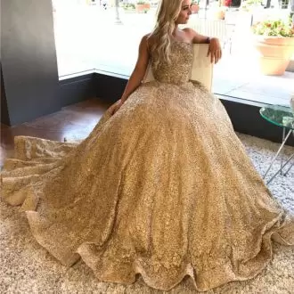 Hot Sale Gold Sequins Satin Strapless Long Lace Up Sweet 16 Dress