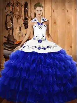 Royal Blue Sweet 16 Quinceanera Dress Military Ball and Sweet 16 and Quinceanera with Embroidery and Ruffled Layers Halter Top Sleeveless Lace Up