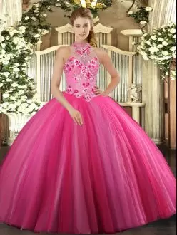 Floor Length Hot Pink Quinceanera Dress Tulle Sleeveless Embroidery