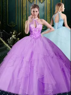 Flirting Lavender Lace Up Halter Top Beading and Lace and Ruffles Quinceanera Dresses Tulle Sleeveless