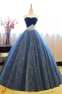 Navy Blue 15th Birthday Dress Prom and Party and Military Ball and Quinceanera with Lace and Appliques Strapless Sleeveless Lace Up