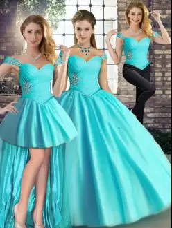 New Style Floor Length Lace Up Quinceanera Gown Aqua Blue for Military Ball and Sweet 16 and Quinceanera with Beading