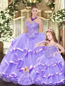 Lavender Sweetheart Lace Up Beading and Ruffled Layers Sweet 16 Quinceanera Dress Sleeveless