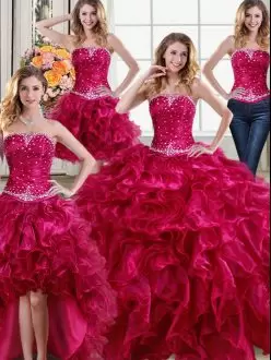 High End Organza Strapless Sleeveless Lace Up Beading and Ruffles Quince Ball Gowns in Fuchsia