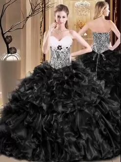 Cheap Black and White Organza Ruffles Zebra Print Sweet 16 Quinceanera Dress Under 200
