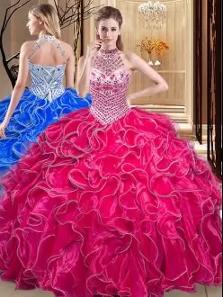 Hot Pink Ball Gowns Beading and Ruffles Sweet 16 Quinceanera Dress Lace Up Organza Sleeveless Floor Length