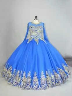 Perfect Tulle Long Sleeves Royal Blue Vestidos de Quinceanera with Gold Appliques
