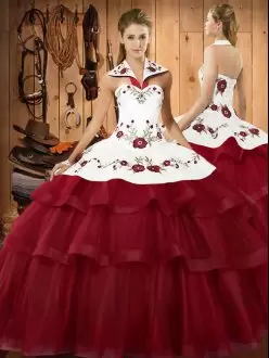 Sweep Train Ball Gowns Quinceanera Gowns Wine Red Halter Top Organza Sleeveless Lace Up