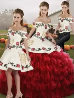 Red and White Three Pieces Off Shoulder Colorful Embroidery Ruffled Quinceanera Dress