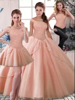 Popular Tulle Off The Shoulder Sleeveless Brush Train Lace Up Beading Vestidos de Quinceanera in Peach