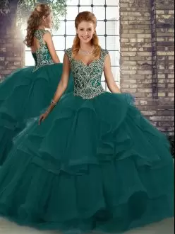 Sleeveless Tulle Floor Length Lace Up Vestidos de Quinceanera in Peacock Green with Beading and Ruffles