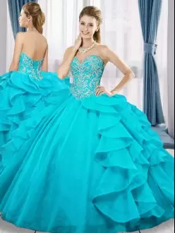 Aqua Blue Sweet 16 Quinceanera Dress Silver Embroidery with Beading Ruffled Bottom Sweetheart