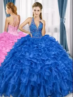 Royal Blue V-neck Neckline Beading and Ruffles Sweet 16 Quinceanera Dress Sleeveless Lace Up
