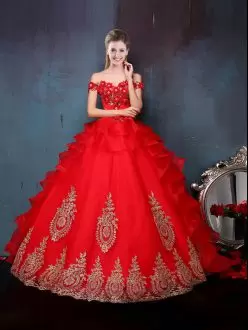 Floor Length Lace Up Quinceanera Dresses Red for Military Ball and Sweet 16 and Quinceanera with Beading and Appliques and Ruffles