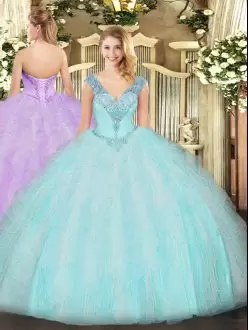 Simple Aqua Blue Ball Gowns Ruffles 15 Quinceanera Dress Lace Up Organza Sleeveless Floor Length