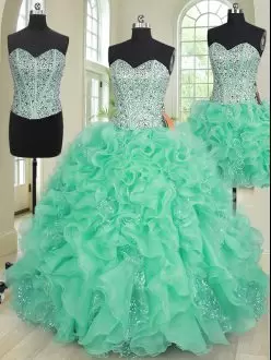 Exceptional Turquoise Organza Lace Up 15th Birthday Dress Sleeveless Floor Length Beading and Ruffles