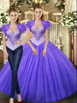 Deluxe Purple Sleeveless Tulle Lace Up 15th Birthday Dress for Military Ball and Sweet 16 and Quinceanera
