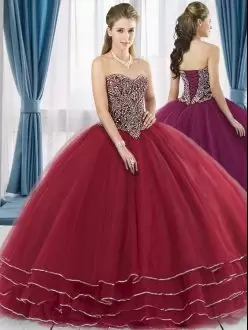 Red Ball Gowns Sweetheart Sleeveless Tulle Floor Length Lace Up Beading 15 Quinceanera Dress