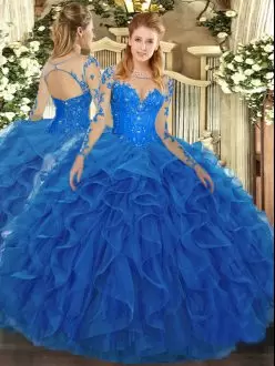 Pretty Blue Scoop Lace Up Lace and Ruffles Vestidos de Quinceanera Long Sleeves