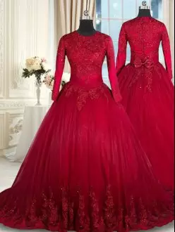 Floor Length Wine Red Quinceanera Gowns Tulle Long Sleeves Beading and Lace and Bowknot