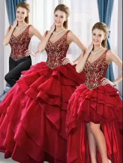 Three Piece V-neck Quinceanera Dress High Low Ruffled Layers Wine Red