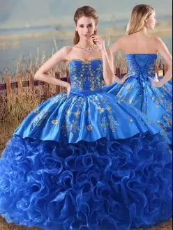 Admirable Lace Up Vestidos de Quinceanera Royal Blue for Sweet 16 and Quinceanera with Embroidery and Ruffles Brush Train