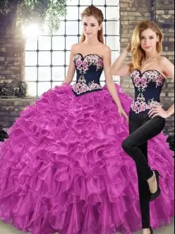 Spectacular Sweetheart Sleeveless Organza Quinceanera Gown Embroidery and Ruffles Sweep Train Lace Up