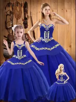 Floor Length Blue 15 Quinceanera Dress Tulle Sleeveless Embroidery