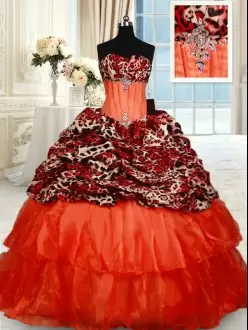 Glorious Orange Red 15th Birthday Dress Organza Brush Train Sleeveless Beading