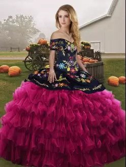 Off The Shoulder Sleeveless Organza Ball Gown Prom Dress Embroidery and Ruffled Layers Lace Up