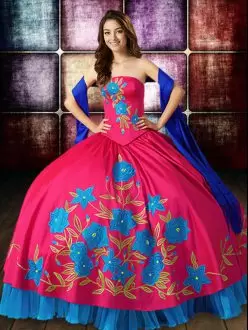 Fantastic Strapless Sleeveless Lace Up Quinceanera Gown Multi-color Taffeta Embroidery