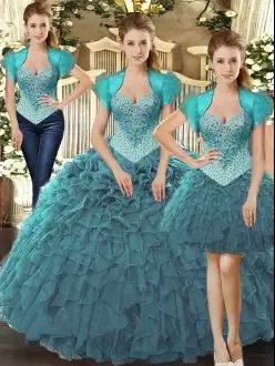 Noble Sleeveless Tulle Floor Length Lace Up 15th Birthday Dress in Teal with Beading and Ruffles