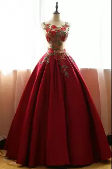 Affordable Red See Through Tops Scoop Quinceanera Dress with Colorful Embroidery