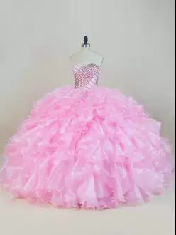 Custom Design Sleeveless Organza Floor Length Lace Up 15 Quinceanera Dress in Baby Pink with Beading and Ruffles