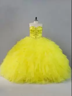 Excellent Yellow Sweetheart Lace Up Beading and Ruffles Quinceanera Dresses Sleeveless