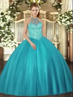 Stylish Teal Ball Gowns Beading Sweet 16 Dresses Lace Up Satin Sleeveless Floor Length