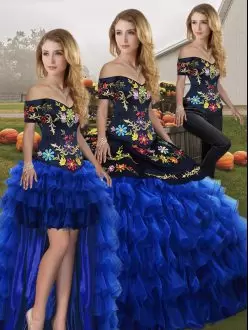 Glorious Blue And Black Sleeveless Organza Lace Up 15 Quinceanera Dress for Military Ball and Sweet 16 and Quinceanera