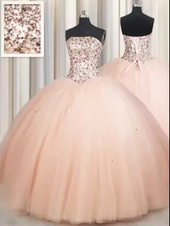 Beauteous Peach Strapless Neckline Beading Quinceanera Dress Sleeveless Lace Up