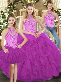 Top Selling Fuchsia Halter Top Neckline Embroidery and Ruffles Vestidos de Quinceanera Sleeveless Lace Up