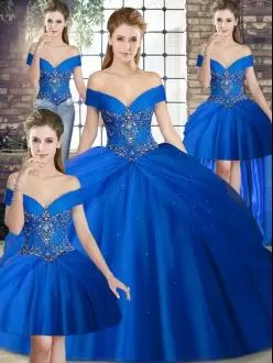 Elegant Royal Blue Ball Gowns Beading and Pick Ups 15th Birthday Dress Lace Up Tulle Sleeveless